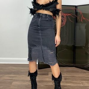 high waisted dark grey denim distressed pencil skirt